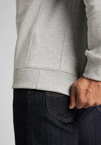 Szara bluza z ribbowanym dołem i mankietami, charakteryzująca się gładką teksturą. W połączeniu z ciemnymi dżinsami, podkreślającymi kontrastowe wykończenie szwów.