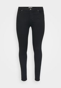 Skinny black jeans made of denim fabric, featuring a classic five-pocket design, belt loops, and a front button closure.