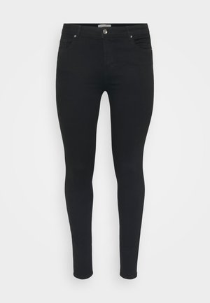 Jean skinny noir en denim, avec un design classique à cinq poches, passants de ceinture et fermeture à bouton à l'avant.