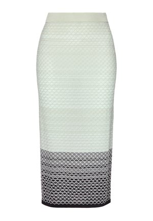 Knee-length pencil skirt featuring a textured mint green top half, transitioning to patterned gray and black at the bottom. Smooth knit material.