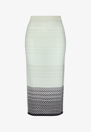 Knielang blyantskjørt med en teksturert mintgrønn øverste del som går over til mønstret grått og svart i bunnen. Glatt strikket materiale.