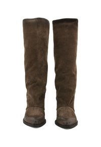 Stivali al ginocchio in suede marrone con una texture liscia e suole piatte. Il design presenta una punta tonda e una silhouette morbida.