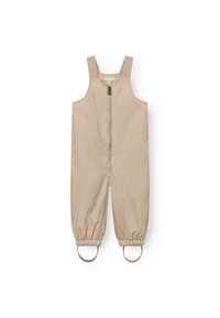 Salopette étanche beige avec bretelles ajustables, fermeture éclair avant, poignets élastiques et accents en métal circulaire aux chevilles.