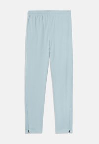 Pantalons de sport bleu clair avec une taille élastique, des zips aux chevilles et un tissu lisse et extensible pour le confort et la liberté de mouvement.