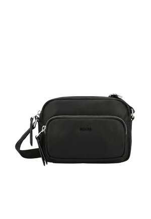 Black rectangular crossbody bag with front zip pocket, adjustable strap, and silver zipper hardware.