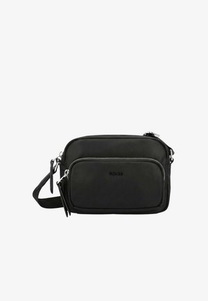 Black rectangular crossbody bag with front zip pocket, adjustable strap, and silver zipper hardware.