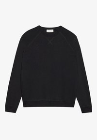 Sudadera de algodón negra con cuello redondo, mangas raglán largas, puños y dobladillo de canalé. Presenta un detalle de punto en cruz en el escote.