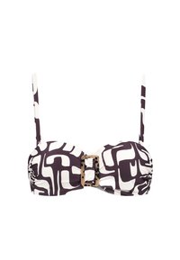 Bikini-top met een paars en wit abstract patroon, gevormde cups, verstelbare banden en een grote, decoratieve gesp in het midden.