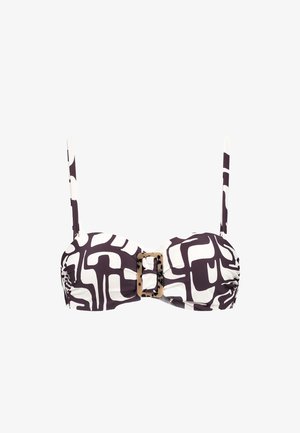 Bikini top with a purple and white abstract pattern, molded cups, adjustable straps, and a large, decorative buckle at the center.