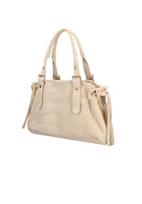 Sac à main en daim beige avec poignées doubles, accents en métal doré, détail à cordon, et une forme structurée. Texture lisse et coutures piquées.