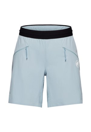 Lichtblauwe sportshorts met een zwarte elastische tailleband en ritssluitingen aan de zijkanten, met een klein wit logo op het rechterbeen.