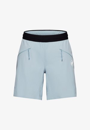 Light blue athletic shorts with black elastic waistband and zippered side pockets, featuring a small white logo on the right leg.