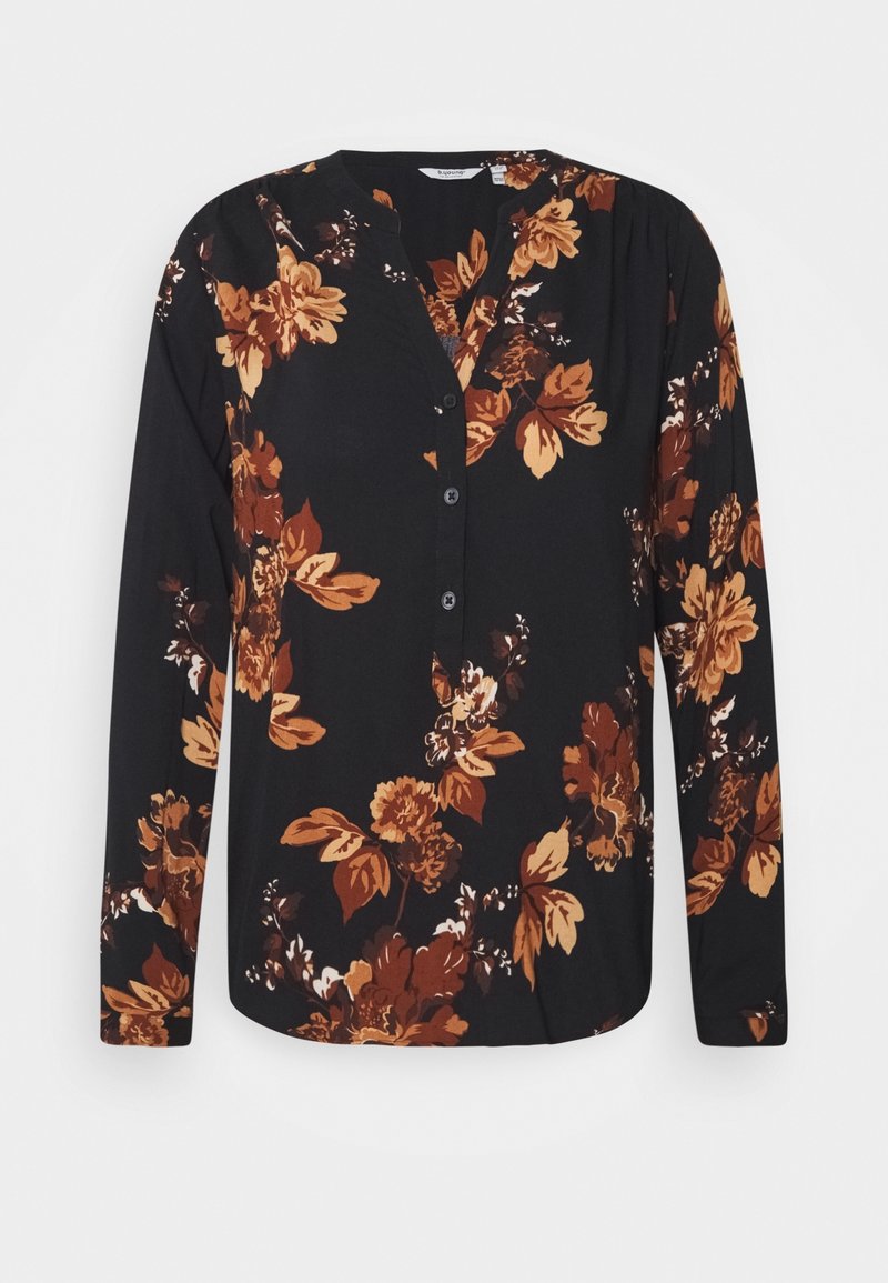 Long-sleeve black blouse with floral pattern in brown and orange hues, featuring a V-neckline and button closure. Soft fabric texture.