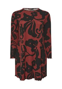 Rotes und schwarzes Langarmkleid mit floralem Muster, strukturierter Stoff, runder Ausschnitt und gewelltem Saum.