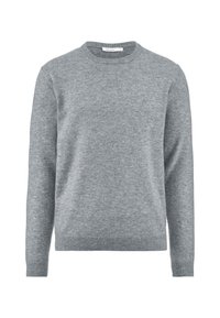 Grauer Pullover im klassischen Rundhalsdesign, mit langen Ärmeln und gerippten Bündchen und Saum, aus einem weichen, strukturierten Stoff.