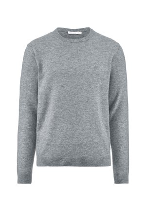 Gray sweater in a classic crew neck design, featuring long sleeves and ribbed cuffs and hem, made from a soft, textured fabric.