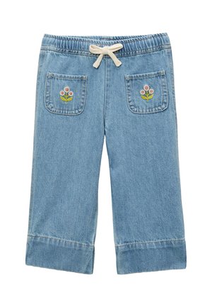 Pantalon en denim bleu clair pour tout-petit avec taille élastique, cordon crème et deux poches avant brodées de fleurs roses.