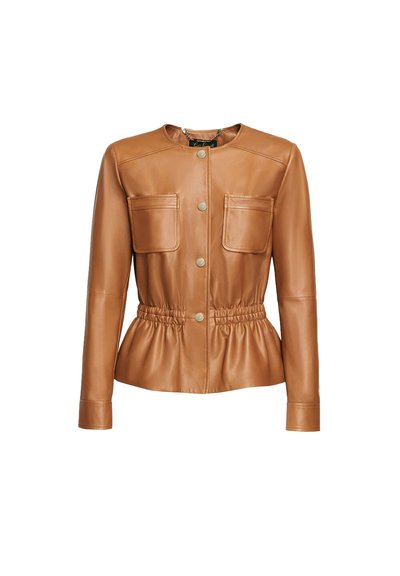 Brown leather jacket with long sleeves, round neckline, two front pockets, gathered waist, and gold-tone buttons. Smooth texture and tailored fit.