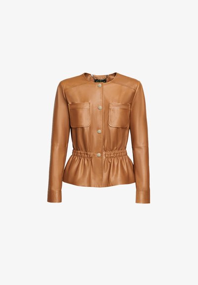 Brown leather jacket with long sleeves, round neckline, two front pockets, gathered waist, and gold-tone buttons. Smooth texture and tailored fit.