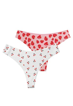 Zwei Damen-Strings, einer rosa mit rotem Erdbeerprint und einer weiß mit kleinem rotem Kirschmuster.