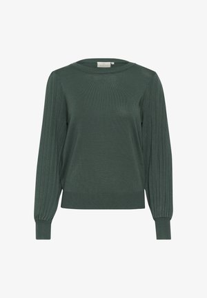 Green knitted pullover with a round neck, ribbed sleeves, and a textured finish. Features a relaxed fit and soft, lightweight material.