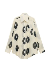 Long-sleeve cream button-up shirt with pointed collar, chest pocket, and black-gray abstract circular patterns.