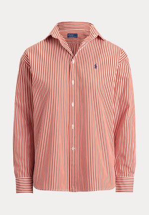 Men's long-sleeve button-up shirt with red and white vertical stripes and a small blue embroidered logo on the chest.