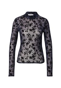 Schwarze Bluse aus floraler Spitze mit langen Ärmeln, hohem Kragen, durchsichtigen Stoff und figurbetonter Silhouette. Verfügt über aufwendige florale Muster.