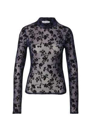 Zwarte bloemene lace top met lange mouwen en hoge hals, gemaakt van doorschijnende stof en met een getailleerde pasvorm. Heeft ingewikkelde bloempatronen verspreid over het hele ontwerp.