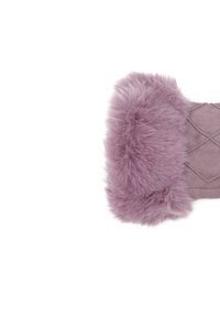 Scaldacollo in finta pelliccia di un morbido color mauve con texture trapuntata; presenta bordi soffici e una base in tessuto liscio. Perfetto per calore e comodità.