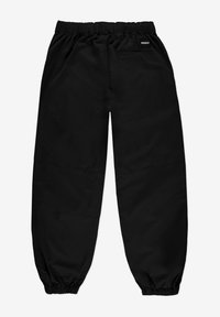 Czarne spodnie cargo z elastycznym pasem, marszczonymi mankietami, boczną kieszenią i tonalnym przeszyciem. Wykonane z lekkiego, gładkiego materiału.