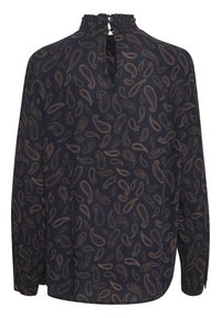 Blouse marine avec un motif cachemire marron, manches longues, fronces au niveau du col et un dos en forme de goutte d'eau fermé par un bouton.