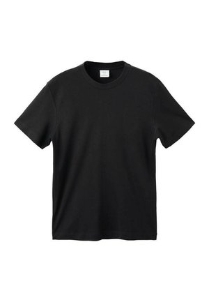 Black short-sleeve T-shirt made of cotton, featuring a crew neck, straight hem, and a smooth, untextured finish. No patterns or accents.