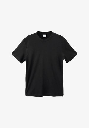 Zwarte korte mouwen T-shirt van katoen, met een ronde hals, rechte zoom en een gladde, onverwerkte afwerking. Geen patronen of accenten.