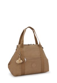 Brown fabric handbag with zippered main compartment, a front pocket, and dual handles. Features a plush keychain accessory for detail.