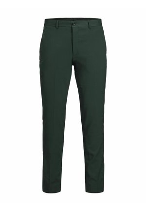 Dark green tailored pants made of smooth fabric, featuring a straight cut, zip fly, and a single front pocket for a clean design.