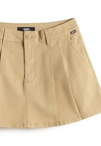 Falda caqui con diseño plisado, cierre de botones en la parte delantera y etiqueta con logotipo. Confeccionada en una tela suave, con dobladillo recto y bolsillos laterales.