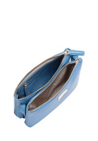 Blauwe leren tas met twee ritscompartimenten, een soepele textuur, goudkleurige hardware en een klein wit labelaccent.