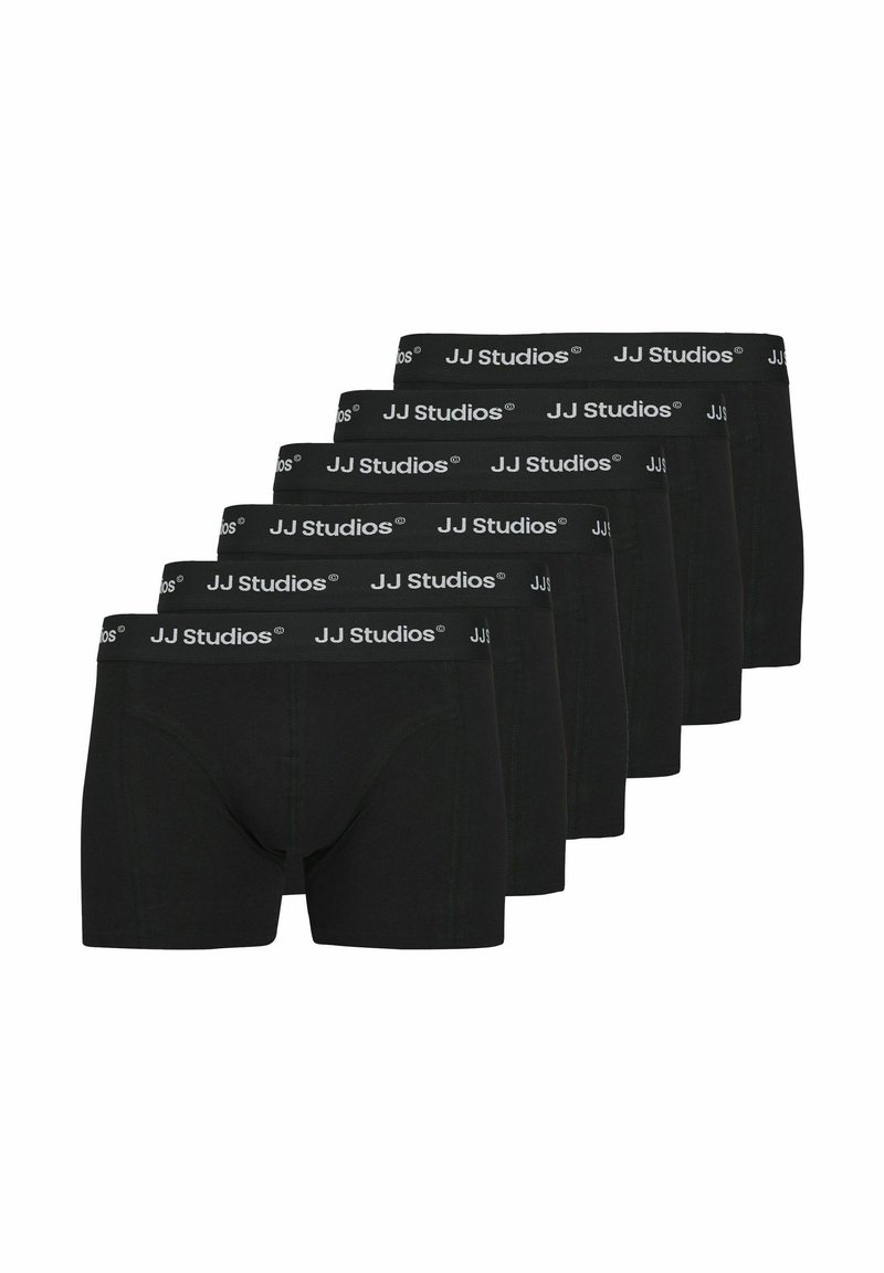 Schwarze Boxer-Shorts aus weichem Stoff, mit einem Bund mit JJ Studios-Logo, im klassischen, eng anliegenden Design und ohne sichtbare Muster.