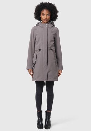 Gray hooded coat with drawstring waist, zipper closure, and side pockets. Long sleeves, designed with a smooth, textured fabric.