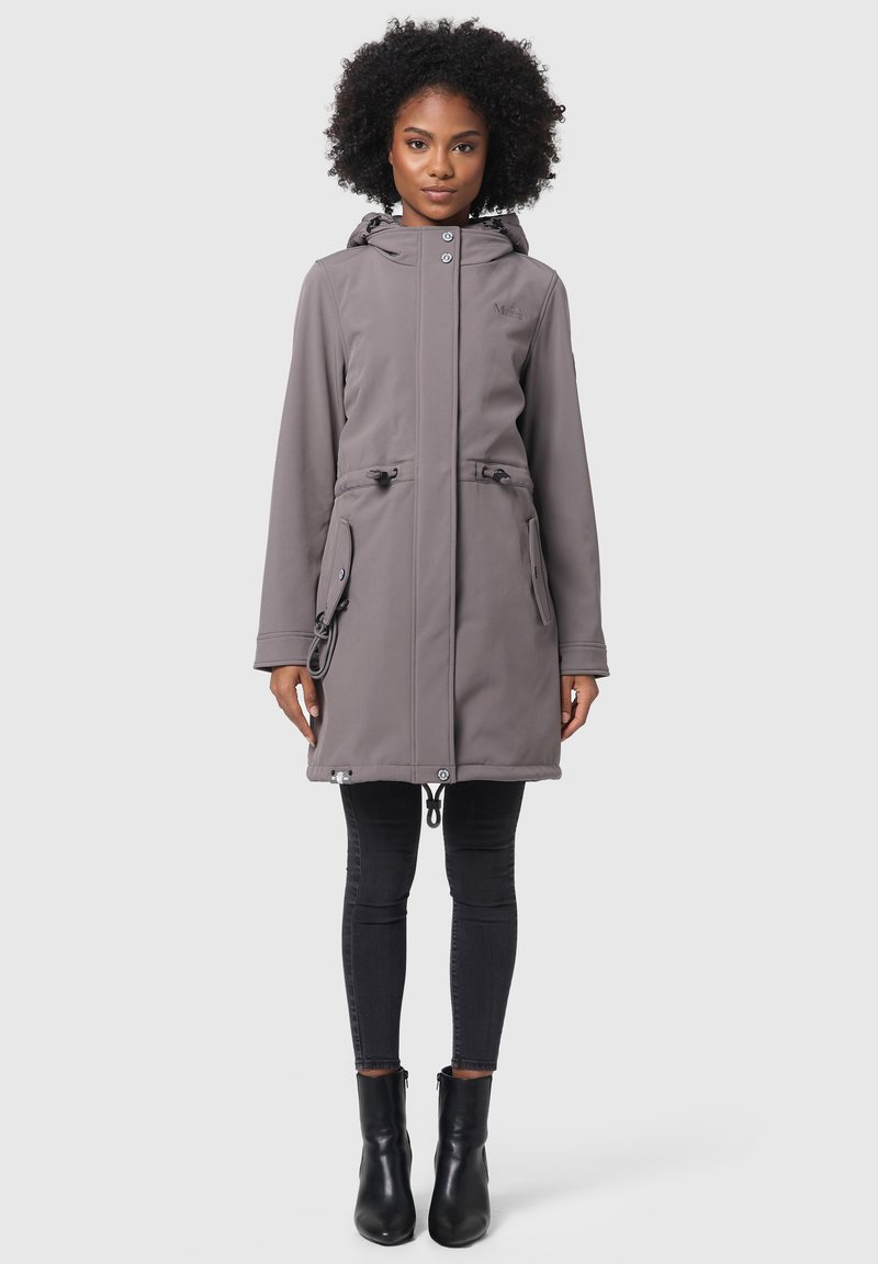 Gray hooded coat with drawstring waist, zipper closure, and side pockets. Long sleeves, designed with a smooth, textured fabric.