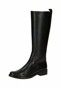 Bota de cuero negra hasta la rodilla con tacón plano, punta redondeada y panel lateral texturizado. Presenta detalles de costura y una lengüeta en la parte superior.