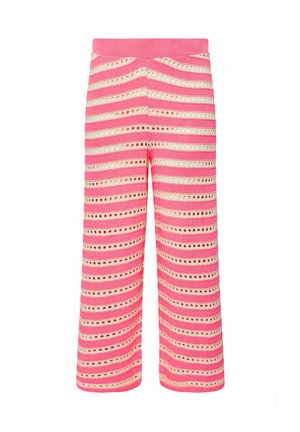 Pink striped pants featuring horizontal patterns of cream and red, with a soft texture and an elastic waistband for comfort.