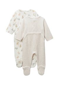 Deux pyjamas pour bébé à pieds à manches longues, l'un crème avec un imprimé de lapin, l'autre uni beige clair avec des boutons dans le dos et les pieds recouverts.