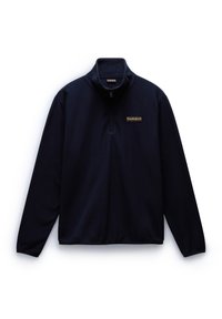 Sudadera de forro polar azul marino con media cremallera, cuello alto y logo bordado en el lado izquierdo del pecho. Textura suave y mangas largas.