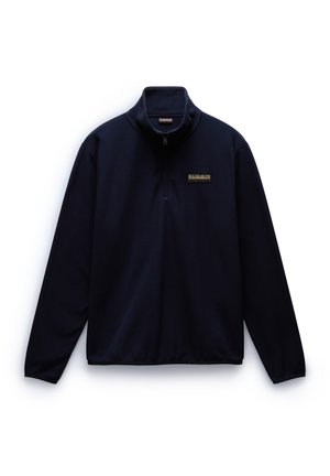 Navy blue fleece pullover with a quarter zip, high collar, and embroidered logo on the left chest. Soft texture and long sleeves.