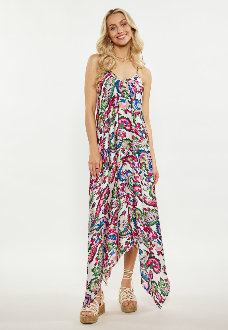 Maxikleid mit einem lebhaften Paisleymuster in Pink, Grün und Blau auf einem weißen Hintergrund; leichtes Material, verstellbare Spaghetti-Träger.