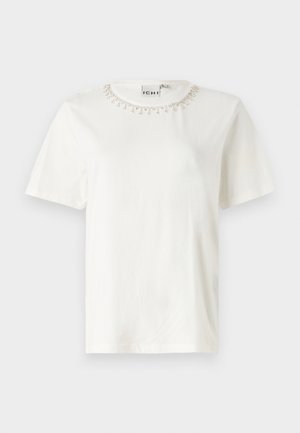 T-shirt bianco in cotone con maniche corte, collo rotondo decorato con dettagli di perline intorno al colletto. Design del corpo semplice e privo di fronzoli.