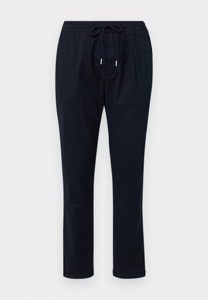Marineblaue Hose aus leichtem Stoff, mit einem elastischen Bund und Kordelzug, geraden Beinen und aufgerollten Säumen.