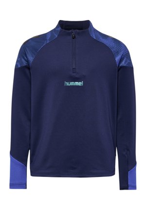 Granatowy sportowy top z długim rękawem i suwakiem do połowy, jasnoniebieskie logo "hummel" z przodu oraz wzorzyste niebieskie akcenty na ramionach i rękawach.